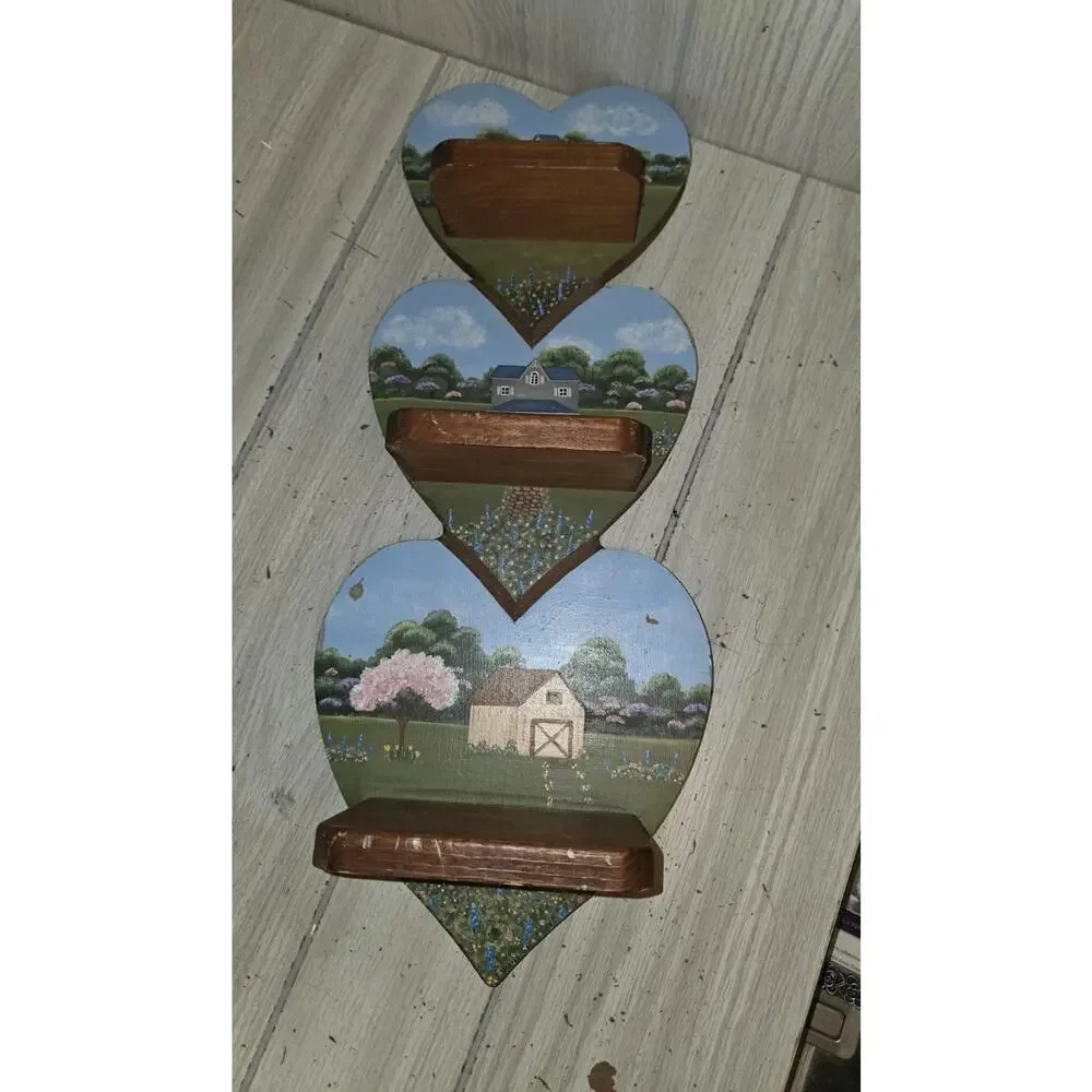 Vintage Handpainted Wood Triple Heart Shelf Country Cottage Scene Beautiful